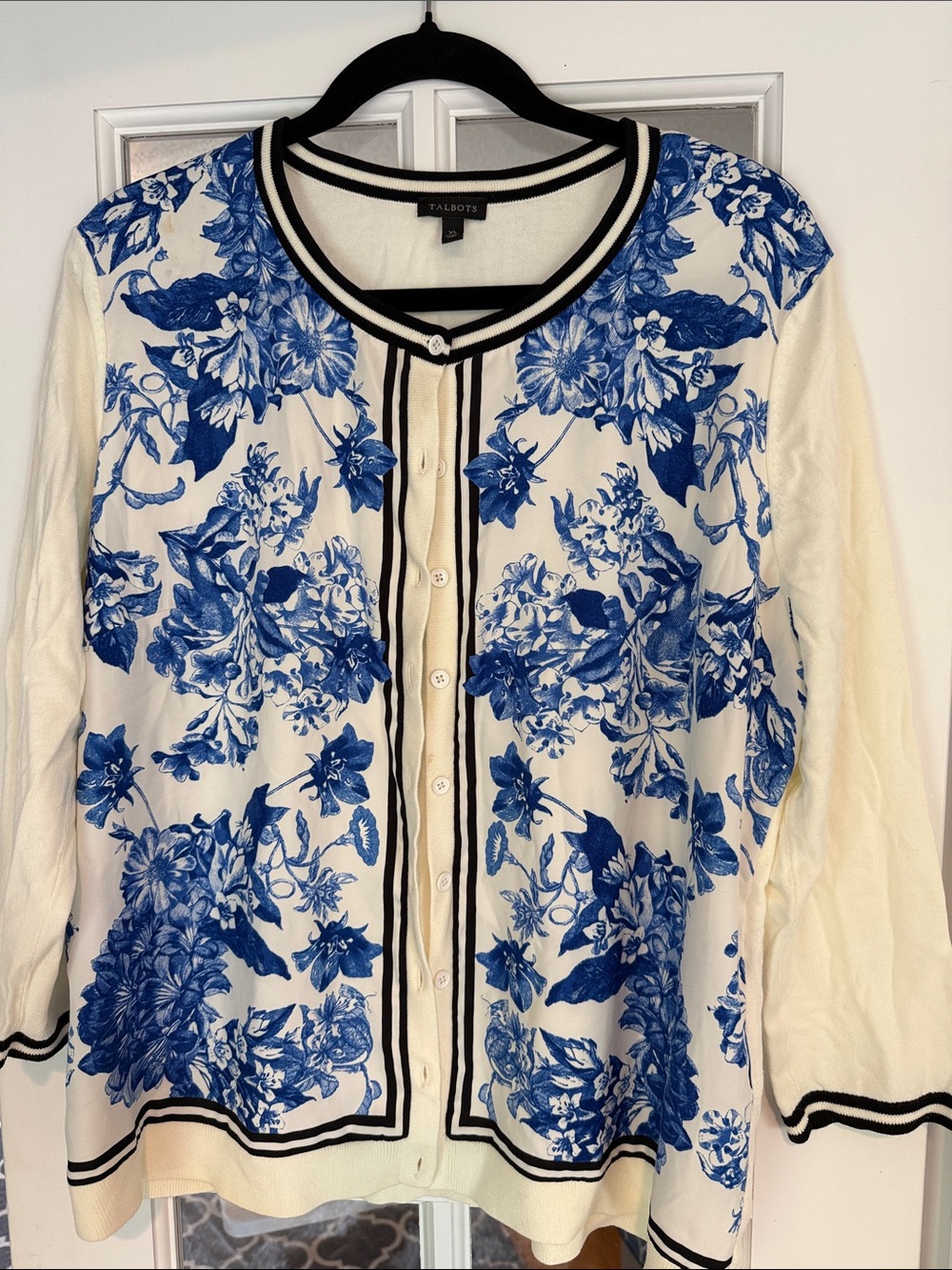 Talbots Cream Button-Down Top with Blue Floral Print